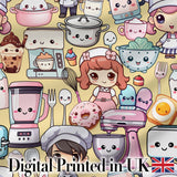 Cute Kawaii Baking Girl Mixer Blender Donut  Yellow Background Seamless Pattern Digital Print Fabric by the Metre UK Sewing Quilting Textile