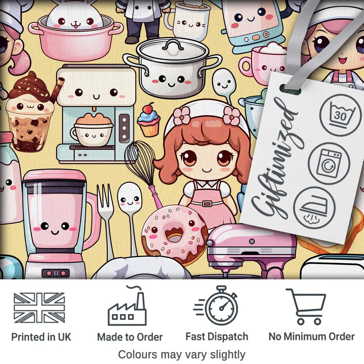 Cute Kawaii Baking Girl Mixer Blender Donut  Yellow Background Seamless Pattern Digital Print Fabric by the Metre UK Sewing Quilting Textile