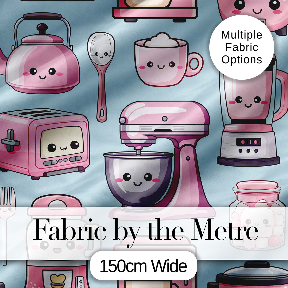 Cute Kawaii Pink Kitchen Appliances  Blue Background Seamless Pattern Digital Print Fabric by the Metre UK Sewing Quilting Textile