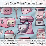 Cute Kawaii Pink Kitchen Appliances  Blue Background Seamless Pattern Digital Print Fabric by the Metre UK Sewing Quilting Textile