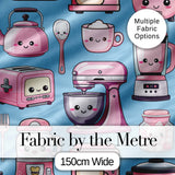 Cute Kawaii Pink Kitchen Appliances  Soft Blue Background Seamless Pattern Digital Print Fabric by the Metre UK Sewing Quilting Textile