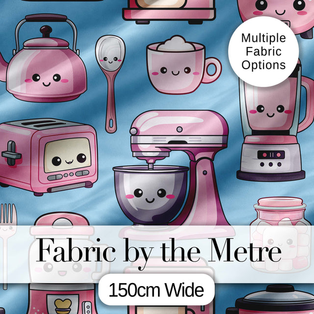 Cute Kawaii Pink Kitchen Appliances  Soft Blue Background Seamless Pattern Digital Print Fabric by the Metre UK Sewing Quilting Textile