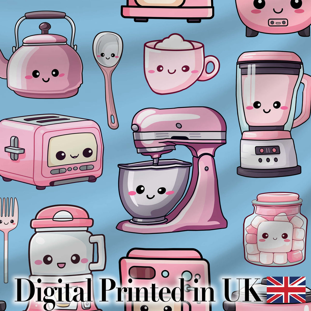 Cute Kawaii Pink Kitchen Appliances  Soft Blue Background Seamless Pattern Digital Print Fabric by the Metre UK Sewing Quilting Textile