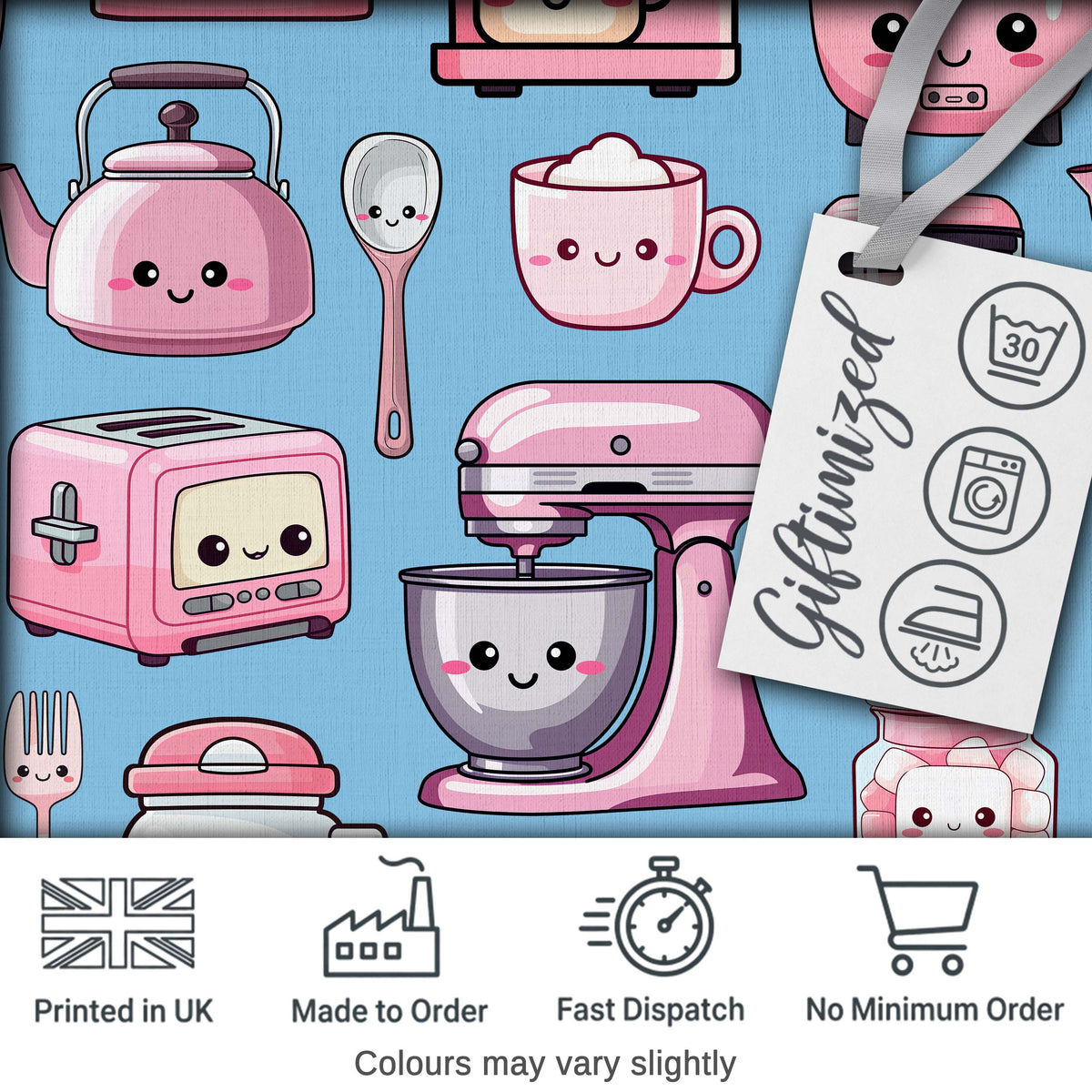 Cute Kawaii Pink Kitchen Appliances  Soft Blue Background Seamless Pattern Digital Print Fabric by the Metre UK Sewing Quilting Textile