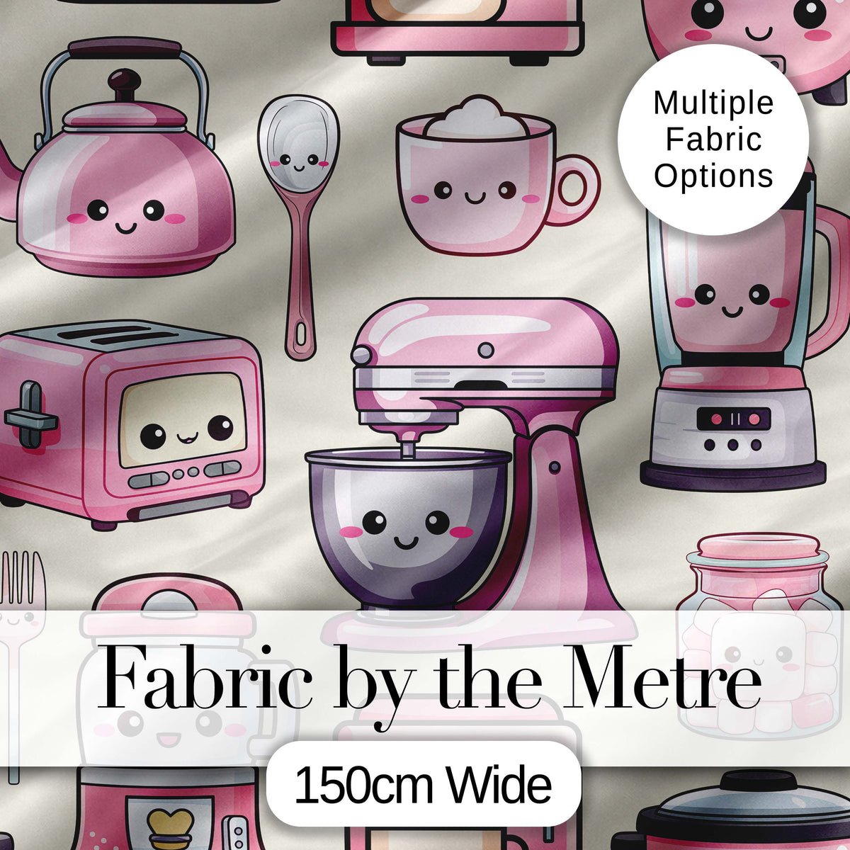 Cute Kawaii Pink Kitchen Appliances  Cream Background Seamless Pattern Digital Print Fabric by the Metre UK Sewing Quilting Textile