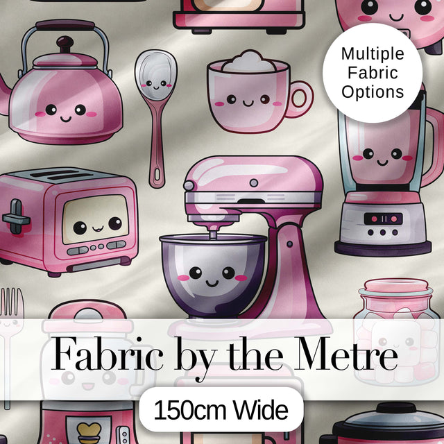 Cute Kawaii Pink Kitchen Appliances  Cream Background Seamless Pattern Digital Print Fabric by the Metre UK Sewing Quilting Textile