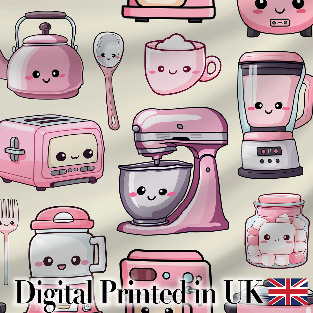 Cute Kawaii Pink Kitchen Appliances  Cream Background Seamless Pattern Digital Print Fabric by the Metre UK Sewing Quilting Textile