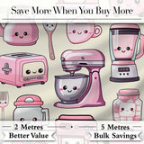 Cute Kawaii Pink Kitchen Appliances  Cream Background Seamless Pattern Digital Print Fabric by the Metre UK Sewing Quilting Textile