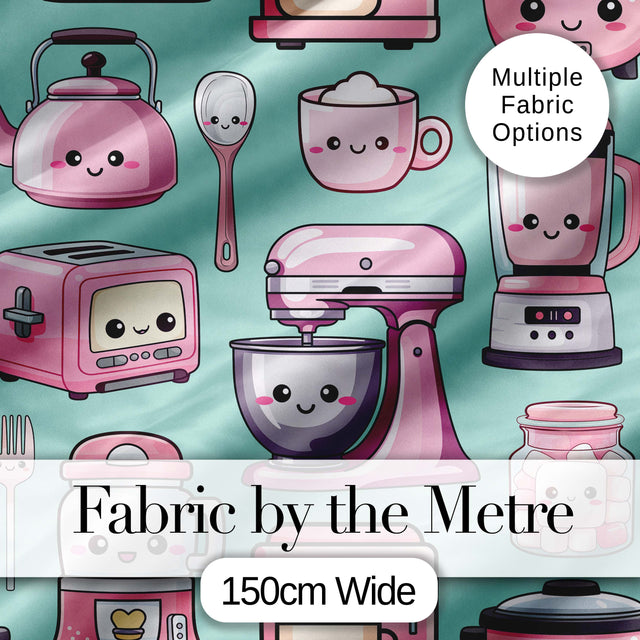 Cute Kawaii Pink Kitchen Appliances  Mint Background Seamless Pattern Digital Print Fabric by the Metre UK Sewing Quilting Textile