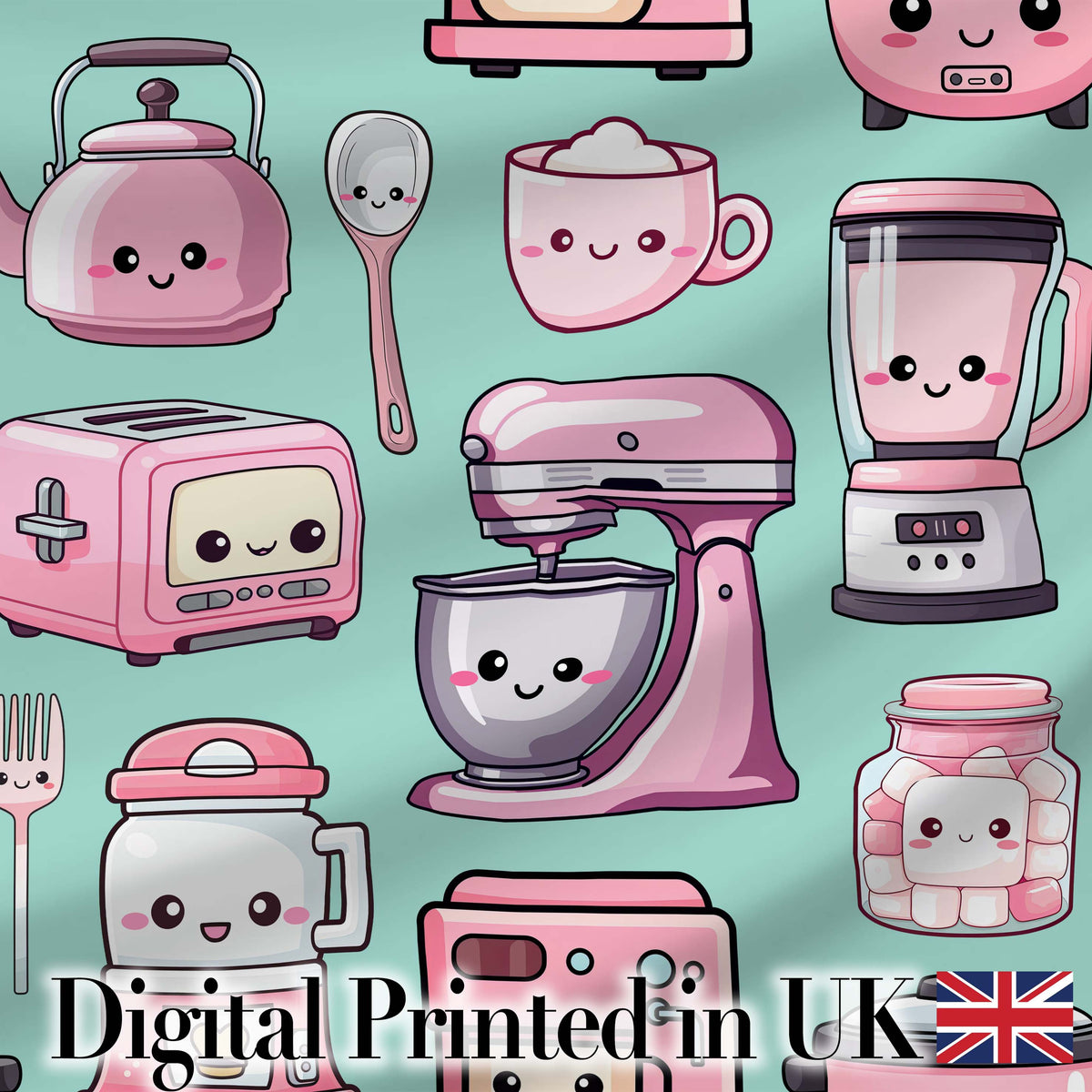 Cute Kawaii Pink Kitchen Appliances  Mint Background Seamless Pattern Digital Print Fabric by the Metre UK Sewing Quilting Textile