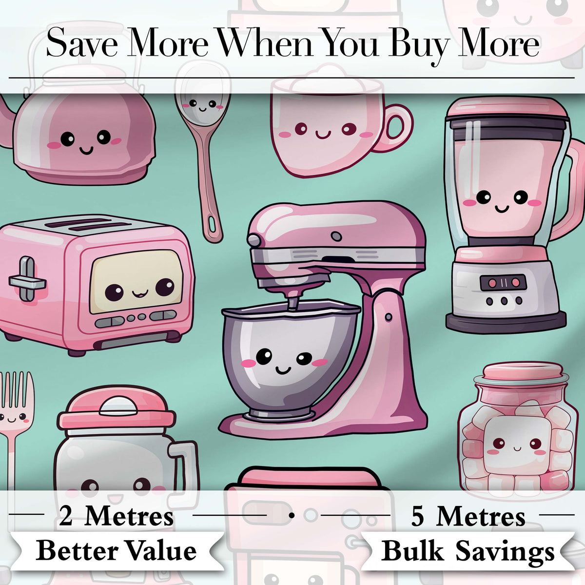 Cute Kawaii Pink Kitchen Appliances  Mint Background Seamless Pattern Digital Print Fabric by the Metre UK Sewing Quilting Textile