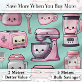 Cute Kawaii Pink Kitchen Appliances  Mint Background Seamless Pattern Digital Print Fabric by the Metre UK Sewing Quilting Textile