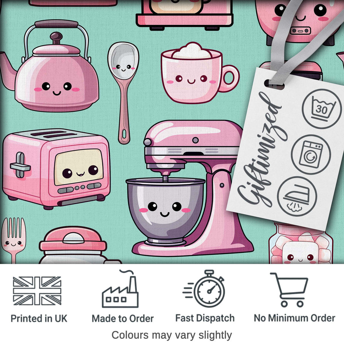 Cute Kawaii Pink Kitchen Appliances  Mint Background Seamless Pattern Digital Print Fabric by the Metre UK Sewing Quilting Textile