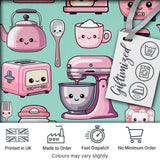 Cute Kawaii Pink Kitchen Appliances  Mint Background Seamless Pattern Digital Print Fabric by the Metre UK Sewing Quilting Textile