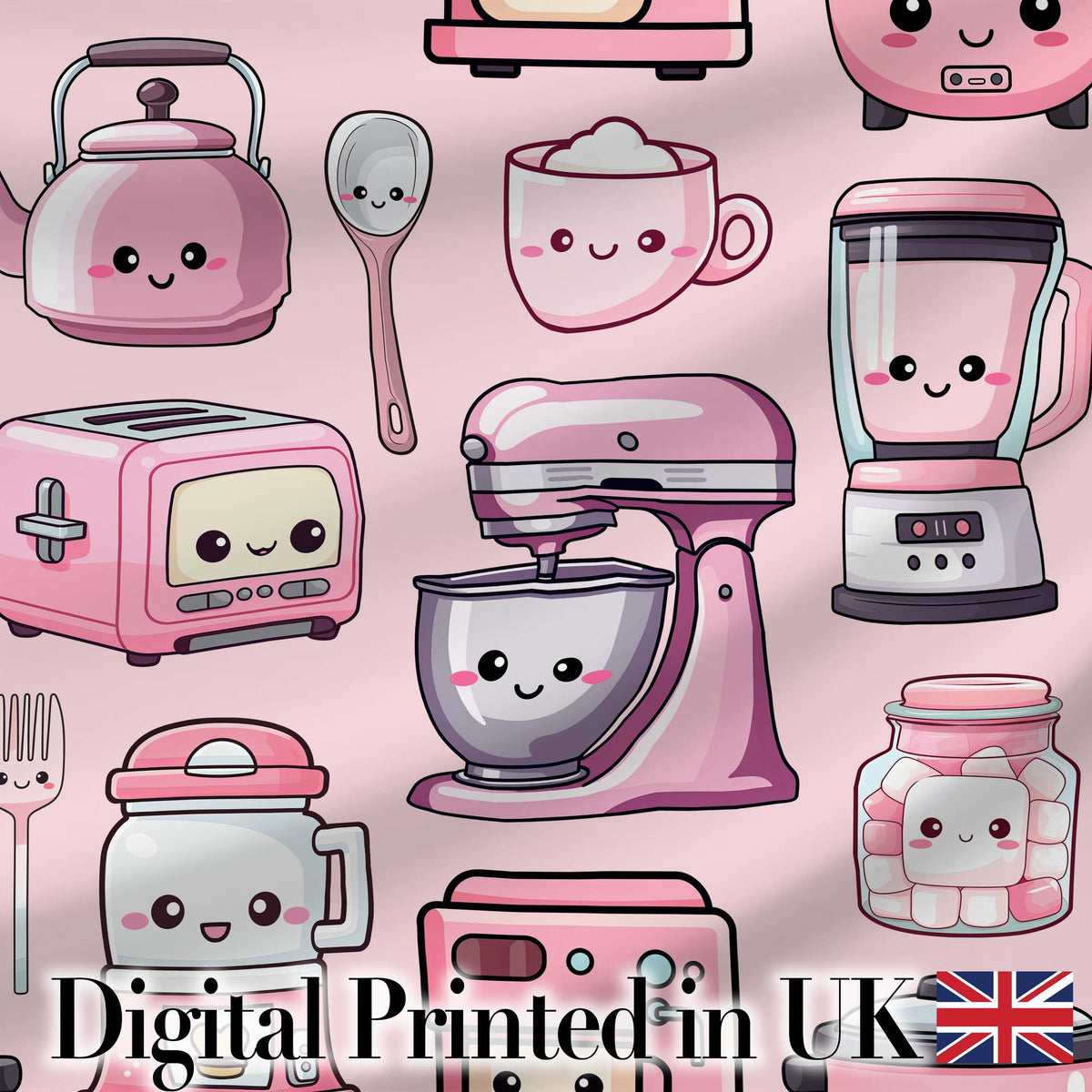 Cute Kawaii Pink Kitchen Appliances  Soft Pink Background Seamless Pattern Digital Print Fabric by the Metre UK Sewing Quilting Textile