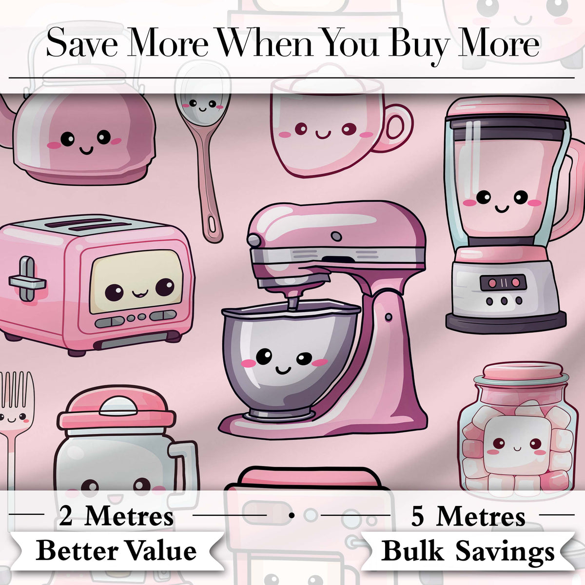 Cute Kawaii Pink Kitchen Appliances  Soft Pink Background Seamless Pattern Digital Print Fabric by the Metre UK Sewing Quilting Textile