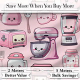 Cute Kawaii Pink Kitchen Appliances  Soft Pink Background Seamless Pattern Digital Print Fabric by the Metre UK Sewing Quilting Textile