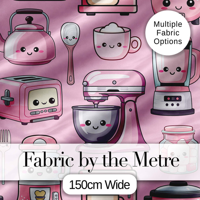 Cute Kawaii Pink Kitchen Appliances  Blush Pink Background Seamless Pattern Digital Print Fabric by the Metre UK Sewing Quilting Textile