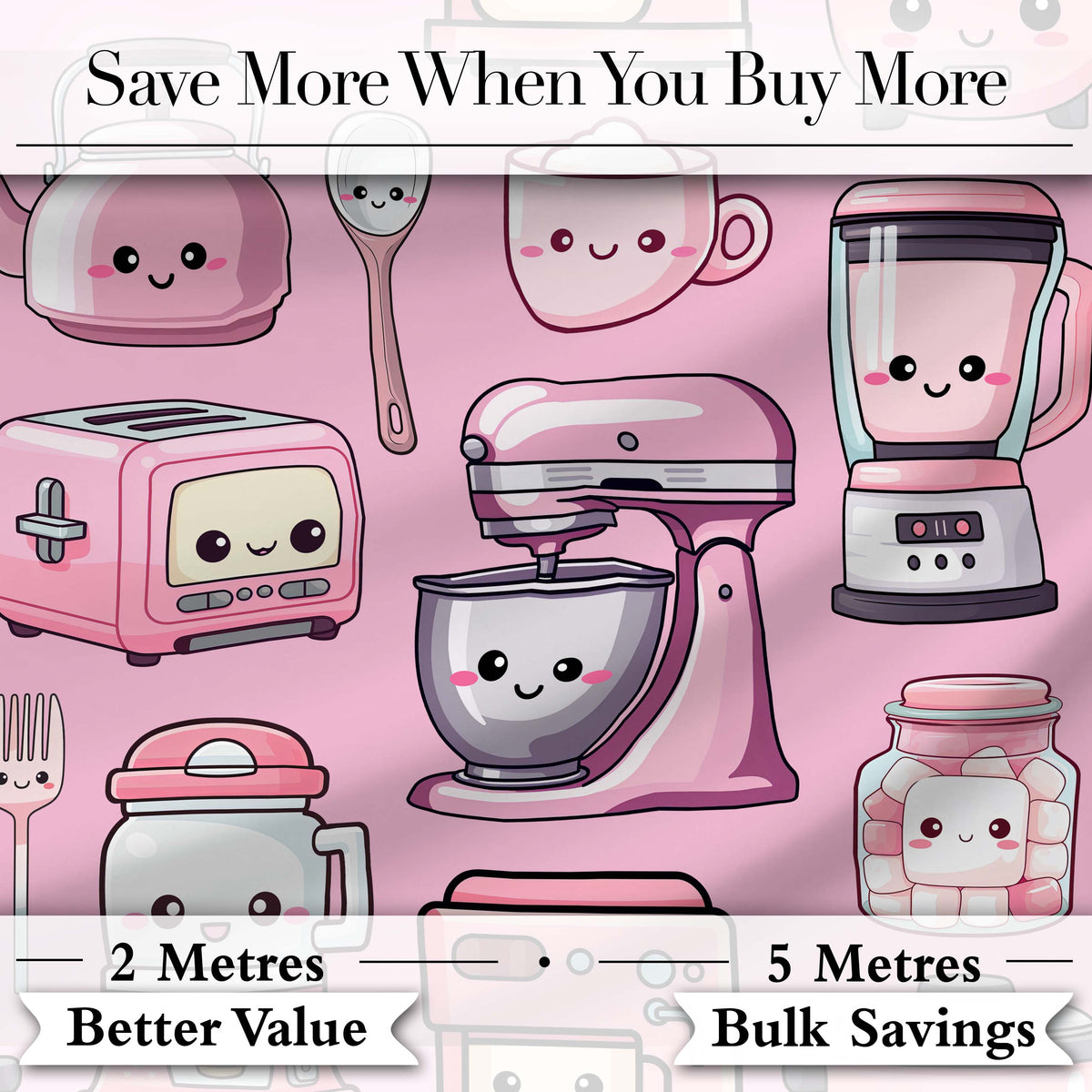Cute Kawaii Pink Kitchen Appliances  Blush Pink Background Seamless Pattern Digital Print Fabric by the Metre UK Sewing Quilting Textile