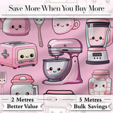 Cute Kawaii Pink Kitchen Appliances  Blush Pink Background Seamless Pattern Digital Print Fabric by the Metre UK Sewing Quilting Textile
