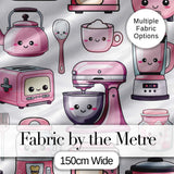 Cute Kawaii Pink Kitchen Appliances  Light Grey Background Seamless Pattern Digital Print Fabric by the Metre UK Sewing Quilting Textile