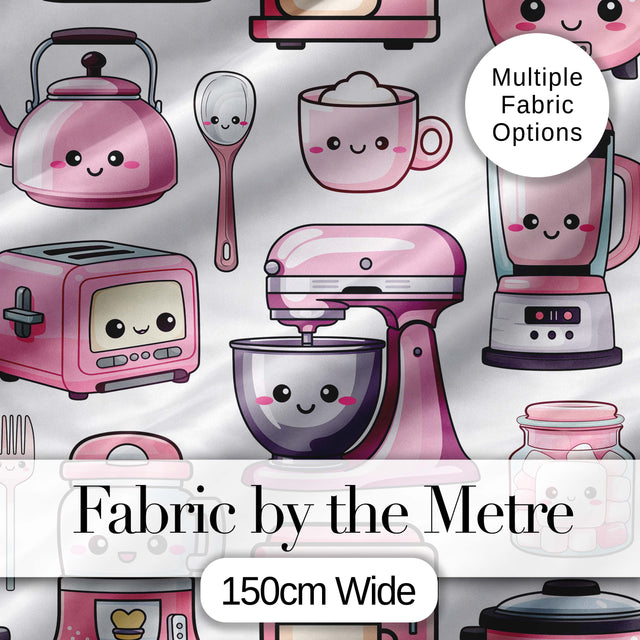 Cute Kawaii Pink Kitchen Appliances  Light Grey Background Seamless Pattern Digital Print Fabric by the Metre UK Sewing Quilting Textile