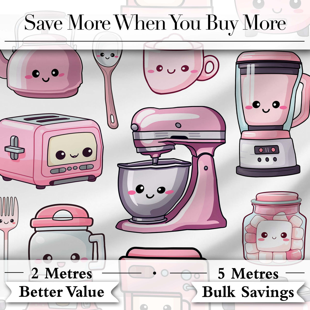 Cute Kawaii Pink Kitchen Appliances  Light Grey Background Seamless Pattern Digital Print Fabric by the Metre UK Sewing Quilting Textile
