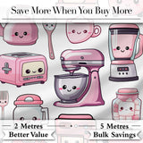 Cute Kawaii Pink Kitchen Appliances  Light Grey Background Seamless Pattern Digital Print Fabric by the Metre UK Sewing Quilting Textile