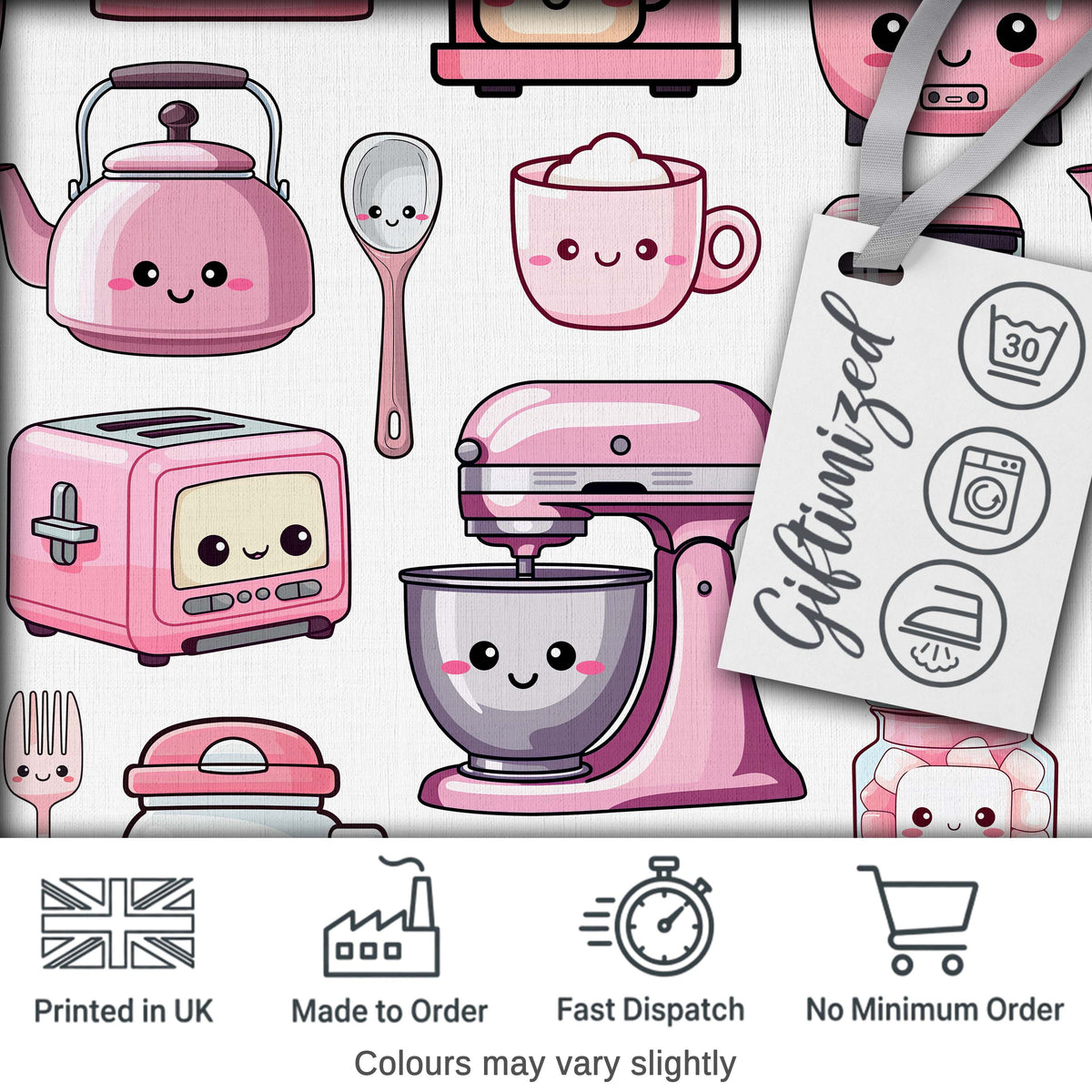 Cute Kawaii Pink Kitchen Appliances  Light Grey Background Seamless Pattern Digital Print Fabric by the Metre UK Sewing Quilting Textile