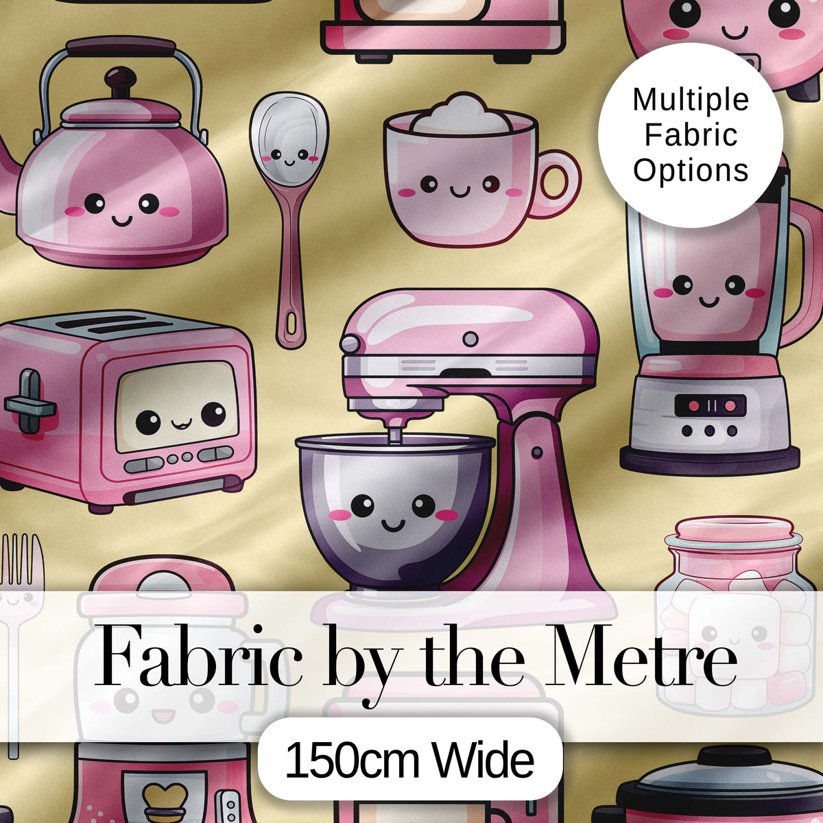 Cute Kawaii Pink Kitchen Appliances  Warm Yellow Background Seamless Pattern Digital Print Fabric by the Metre UK Sewing Quilting Textile