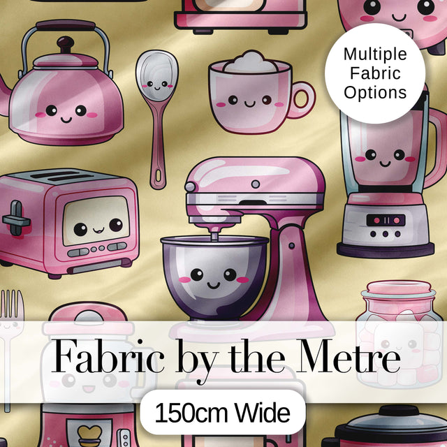 Cute Kawaii Pink Kitchen Appliances  Warm Yellow Background Seamless Pattern Digital Print Fabric by the Metre UK Sewing Quilting Textile