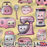 Cute Kawaii Pink Kitchen Appliances  Warm Yellow Background Seamless Pattern Digital Print Fabric by the Metre UK Sewing Quilting Textile