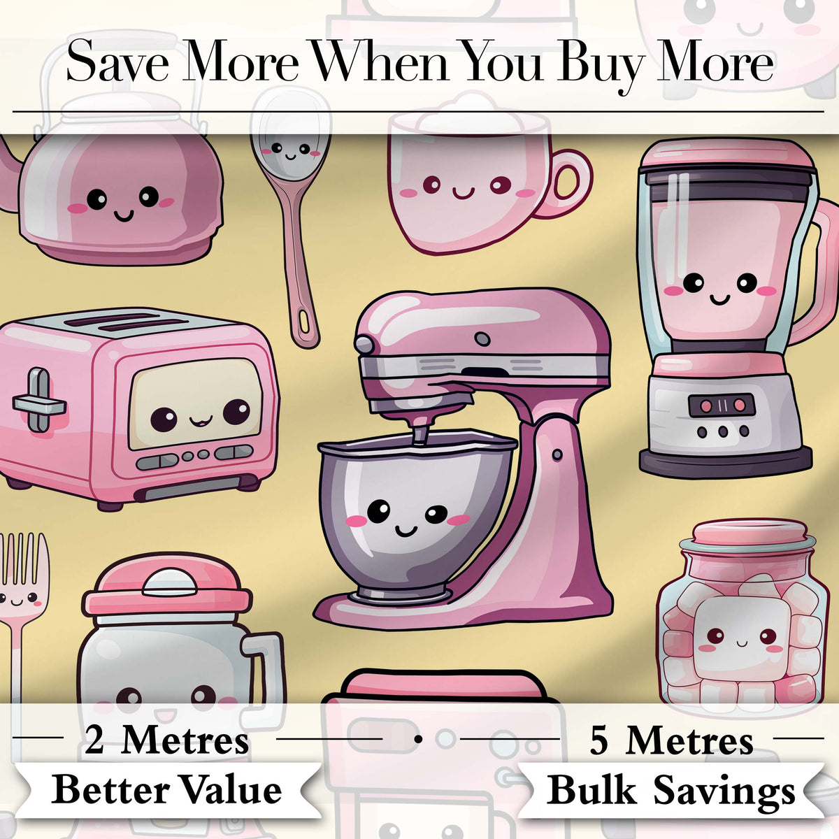 Cute Kawaii Pink Kitchen Appliances  Warm Yellow Background Seamless Pattern Digital Print Fabric by the Metre UK Sewing Quilting Textile
