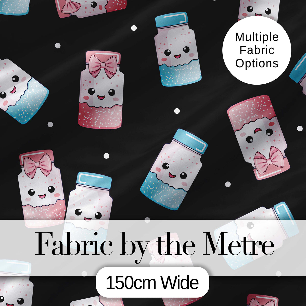 Cute Kawaii Sweet Sugar Jars with Bows Black Background Seamless Pattern Digital Print Fabric by the Metre UK Sewing Quilting Textile