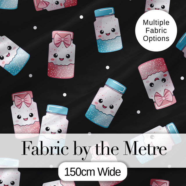Cute Kawaii Sweet Sugar Jars with Bows Black Background Seamless Pattern Digital Print Fabric by the Metre UK Sewing Quilting Textile