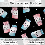 Cute Kawaii Sweet Sugar Jars with Bows Black Background Seamless Pattern Digital Print Fabric by the Metre UK Sewing Quilting Textile