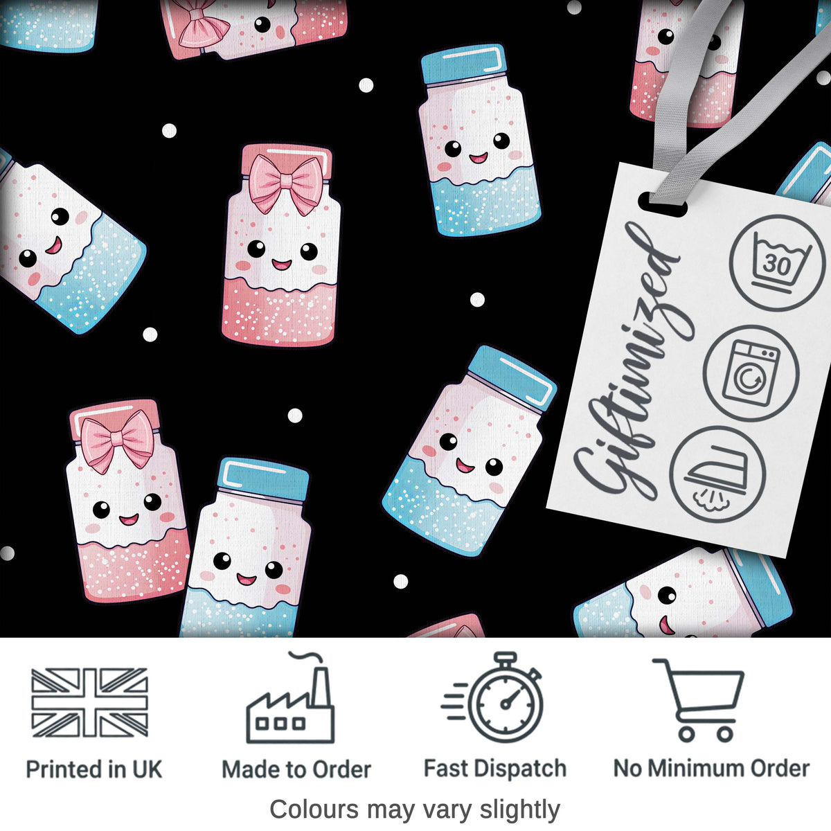 Cute Kawaii Sweet Sugar Jars with Bows Black Background Seamless Pattern Digital Print Fabric by the Metre UK Sewing Quilting Textile
