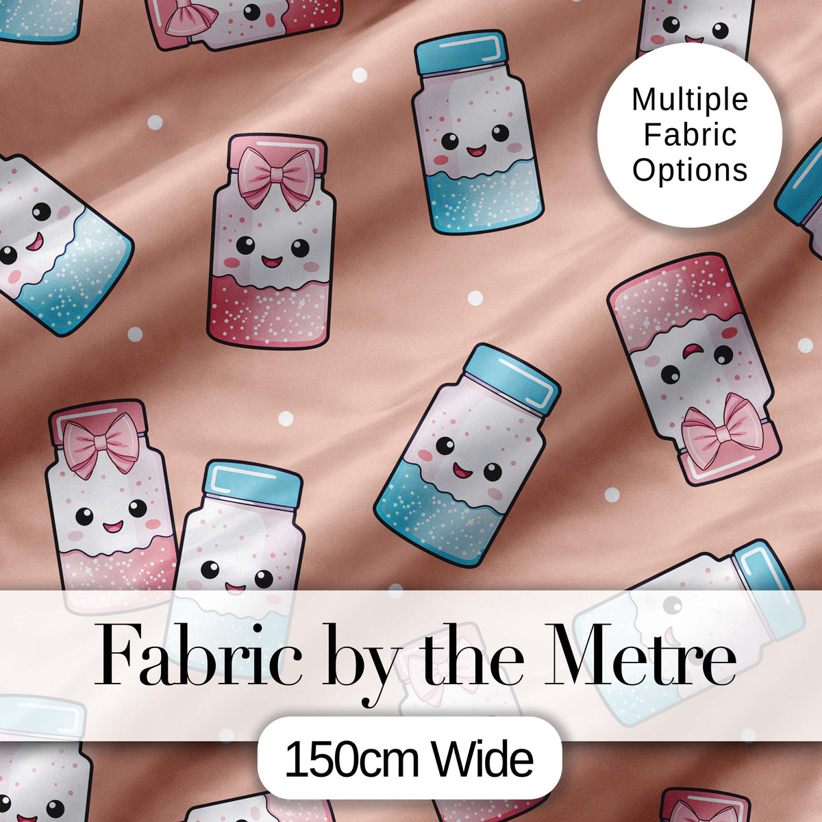 Cute Kawaii Sweet Sugar Jars with Bows Peach Background Seamless Pattern Digital Print Fabric by the Metre UK Sewing Quilting Textile