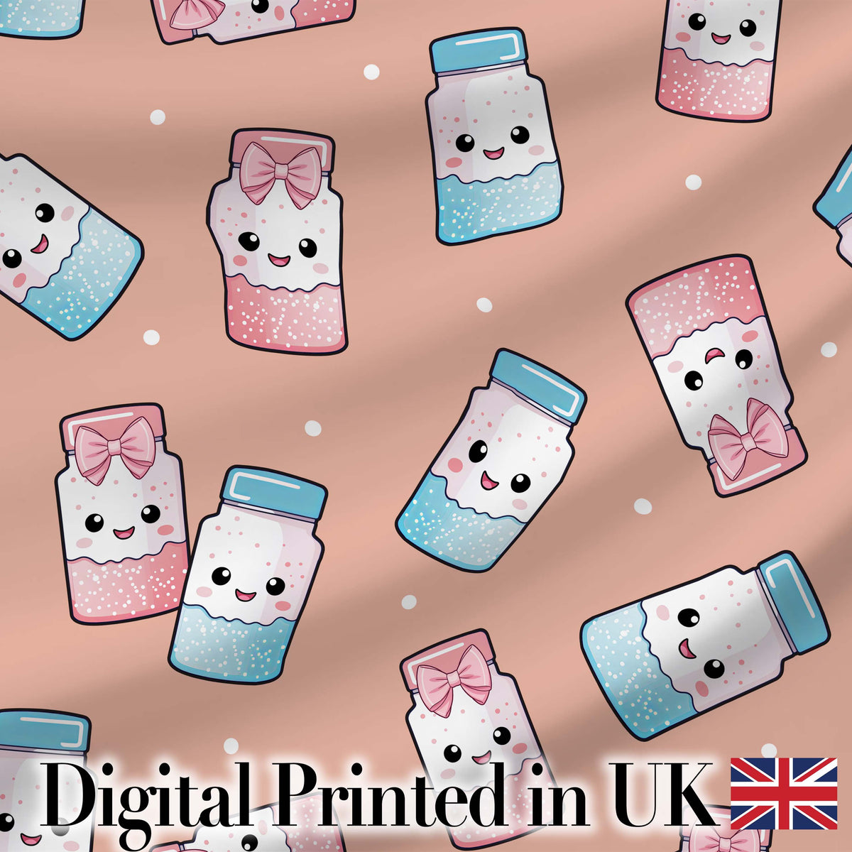 Cute Kawaii Sweet Sugar Jars with Bows Peach Background Seamless Pattern Digital Print Fabric by the Metre UK Sewing Quilting Textile