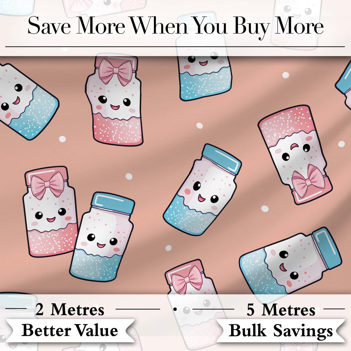 Cute Kawaii Sweet Sugar Jars with Bows Peach Background Seamless Pattern Digital Print Fabric by the Metre UK Sewing Quilting Textile