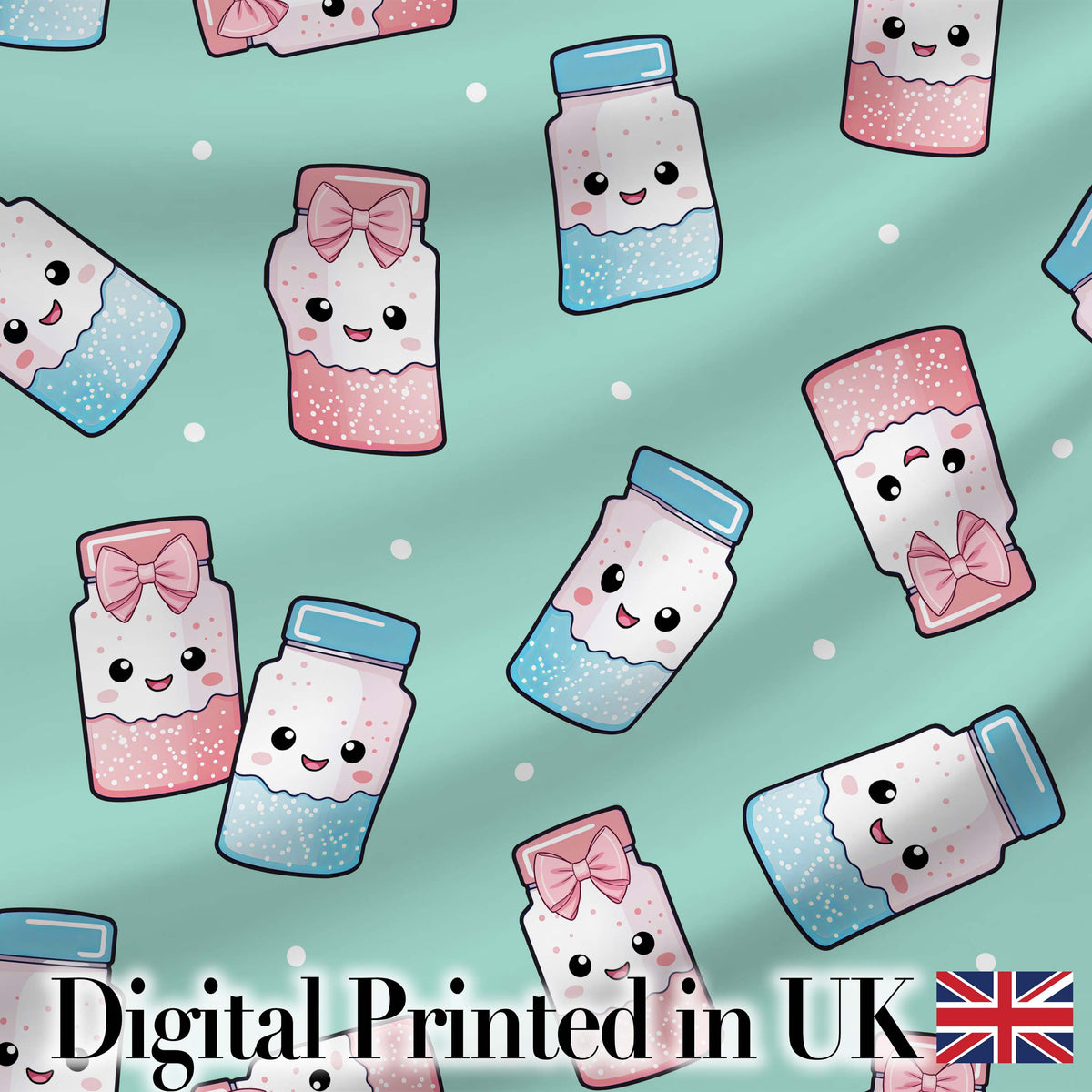 Cute Kawaii Sweet Sugar Jars with Bows Mint Green Background Seamless Pattern Digital Print Fabric by the Metre UK Sewing Quilting Textile