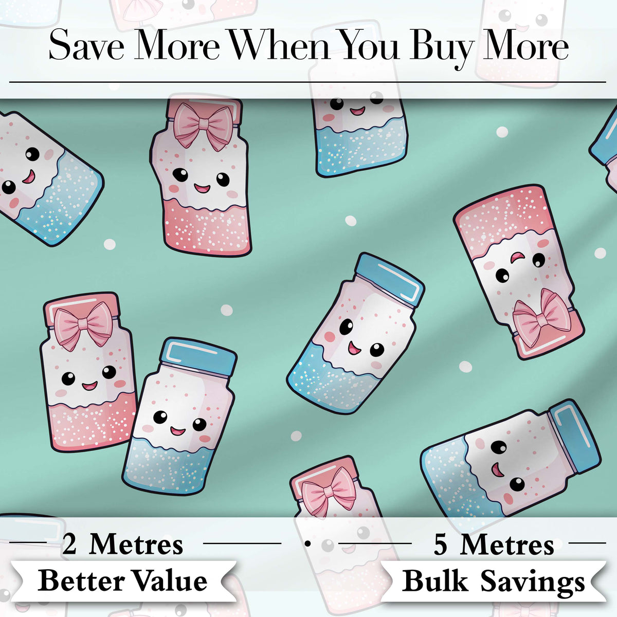 Cute Kawaii Sweet Sugar Jars with Bows Mint Green Background Seamless Pattern Digital Print Fabric by the Metre UK Sewing Quilting Textile