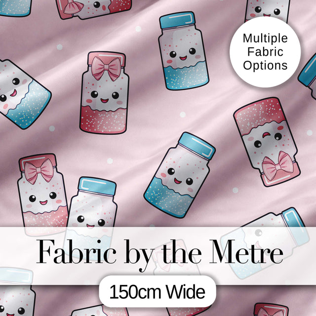 Cute Kawaii Sweet Sugar Jars with Bows Soft Beige Background Seamless Pattern Digital Print Fabric by the Metre UK Sewing Quilting Textile