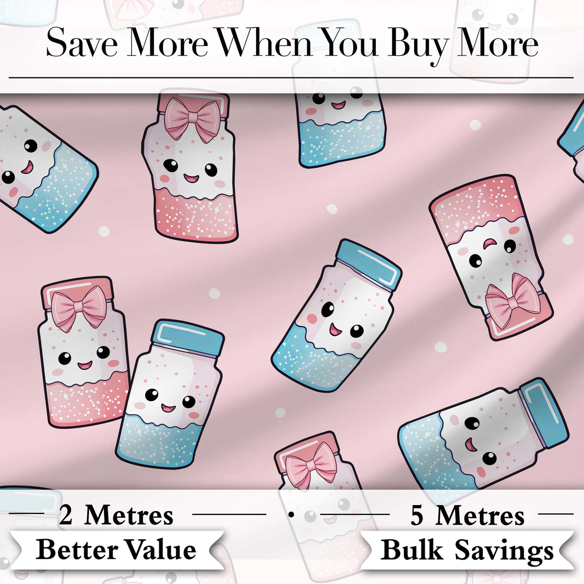 Cute Kawaii Sweet Sugar Jars with Bows Soft Beige Background Seamless Pattern Digital Print Fabric by the Metre UK Sewing Quilting Textile