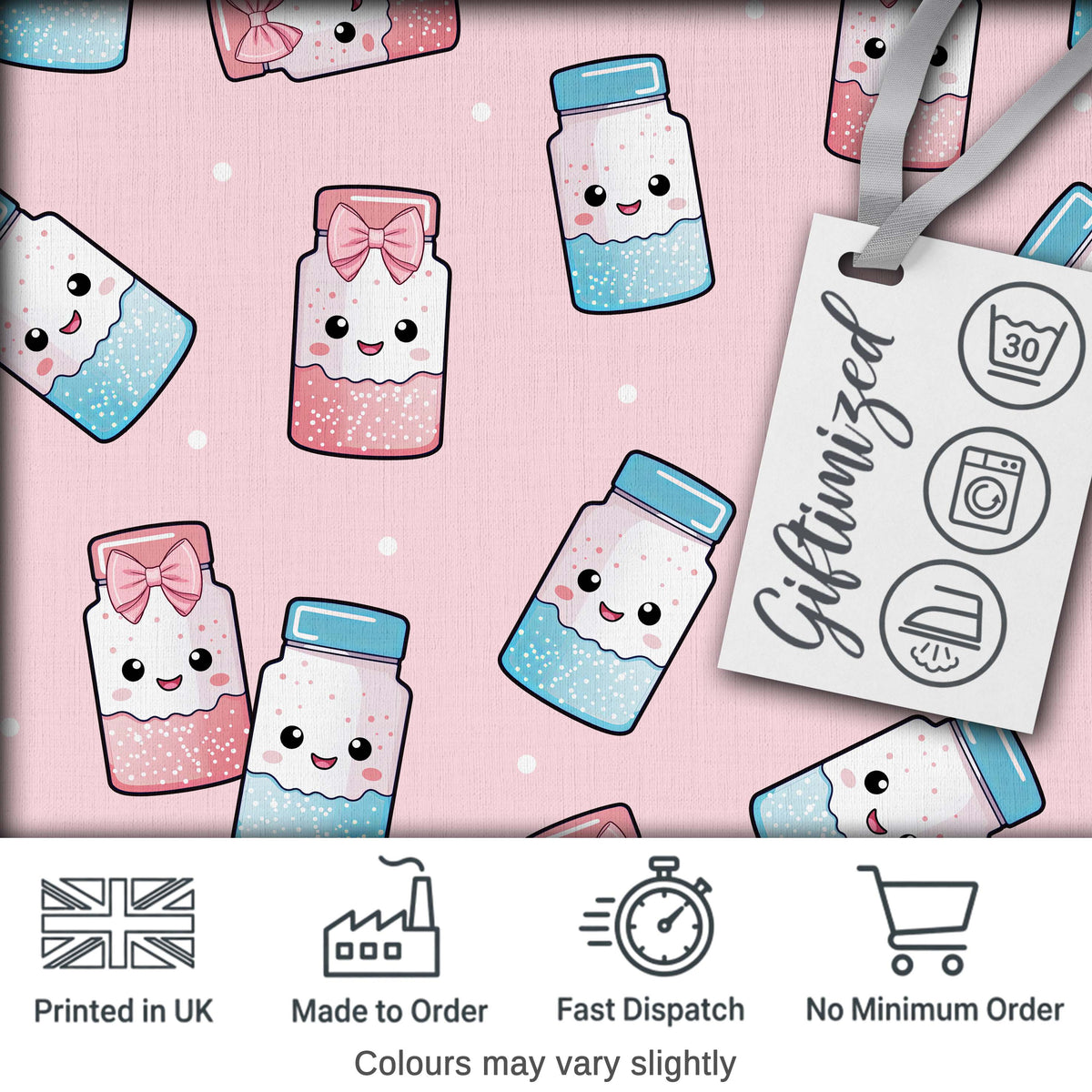 Cute Kawaii Sweet Sugar Jars with Bows Soft Beige Background Seamless Pattern Digital Print Fabric by the Metre UK Sewing Quilting Textile