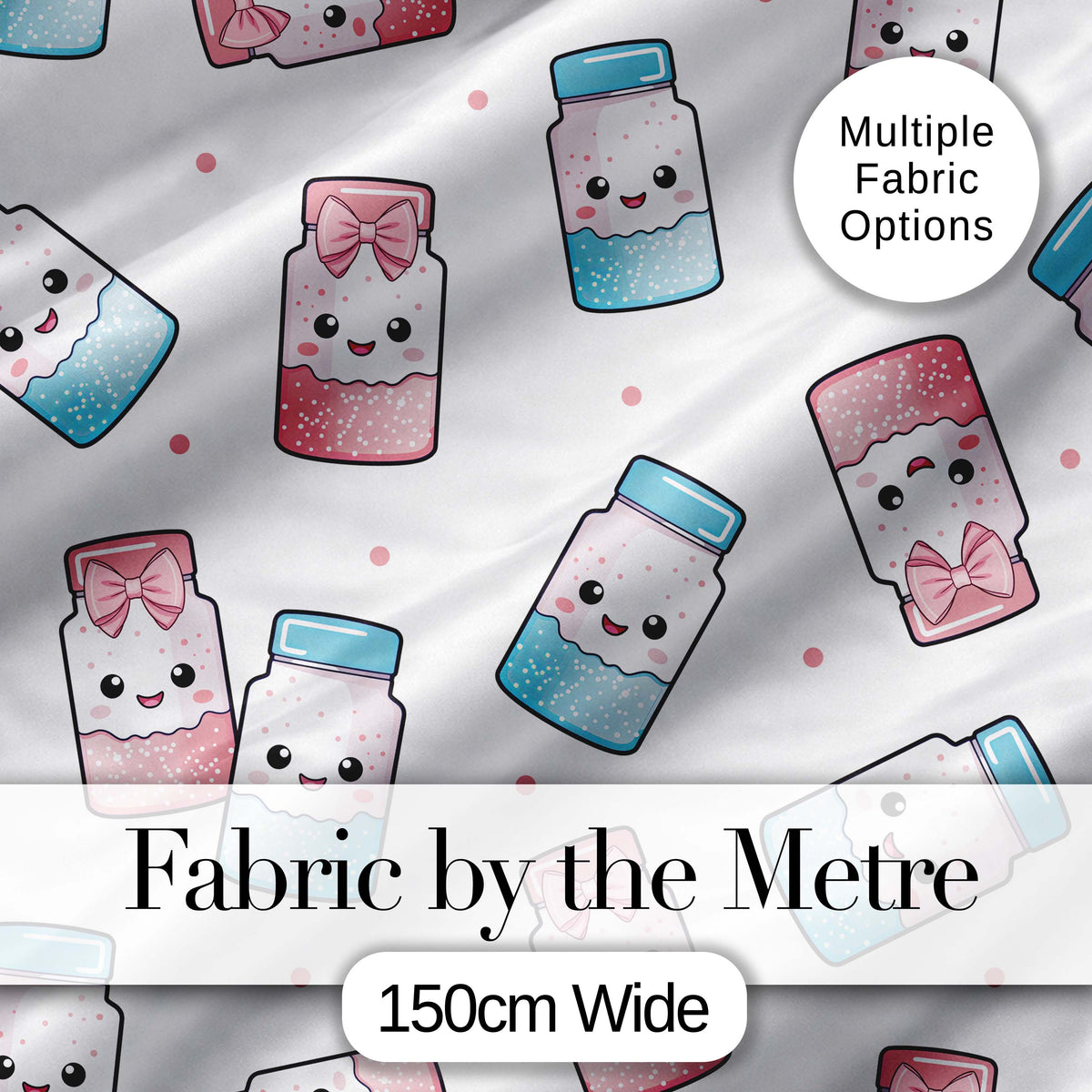 Kawaii Sweet Sugar Jars with Bows Light Grey Polka Background Seamless Pattern Digital Print Fabric by the Metre UK Sewing Quilting Textile