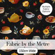 Cute Vintage Teapots Cups Flowers  Black Background Seamless Pattern Digital Print Fabric by the Metre UK Sewing Quilting Textile