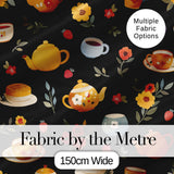 Cute Vintage Teapots Cups Flowers  Black Background Seamless Pattern Digital Print Fabric by the Metre UK Sewing Quilting Textile