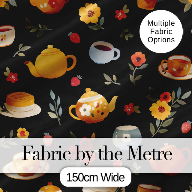 Cute Vintage Teapots Cups Flowers  Black Background Seamless Pattern Digital Print Fabric by the Metre UK Sewing Quilting Textile