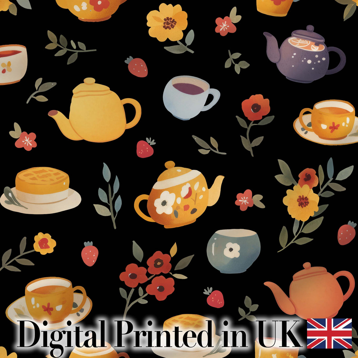 Cute Vintage Teapots Cups Flowers  Black Background Seamless Pattern Digital Print Fabric by the Metre UK Sewing Quilting Textile